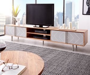 DELIFE Lowboard Metropolitan 240 cm Akazie Natur Beton Edelstahl, Fernsehtische