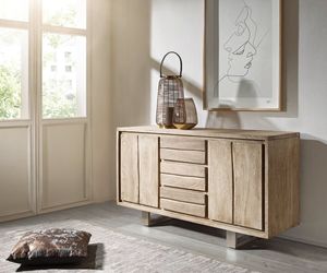 DELIFE Sideboard Live-Edge 147 cm Akazie Champagner 3 Schübe 2 Türen, Sideboards, Baumkantenmöbel, Massivholzmöbel, Massivholz, Baumkante, Wolf Live Edge