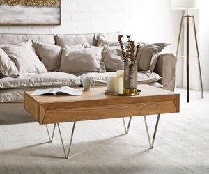 DELIFE Couchtisch Wyatt 115x60 cm Akazie Natur Edelstahl, Couchtische