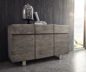DELIFE Sideboard Live-Edge 147 cm Akazie Platin 3 Türen 3 Schübe, Sideboards, Baumkantenmöbel, Massivholzmöbel, Massivholz, Baumkante, Wolf Live Edge