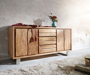 DELIFE Sideboard Live-Edge 147 cm Akazie Natur 3 Schübe 2 Türen, Sideboards, Baumkantenmöbel, Massivholzmöbel, Massivholz, Baumkante, Wolf Live Edge