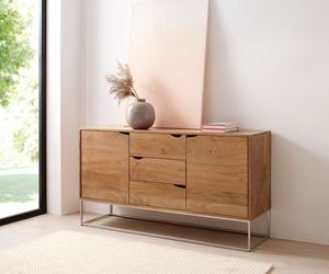 DELIFE Sideboard Loca 140x39 cm Akazie Natur 3 Schübe 2 Türen, Highboards