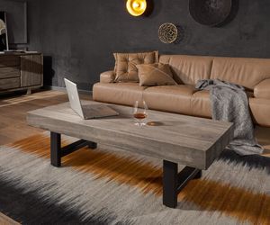 DELIFE Couchtisch Blokk 145x55 Akazie Platin Massivholz Metall, Couchtische