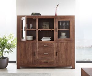 DELIFE Highboard Indra 150 cm Akazie Braun 3 Schübe 4 Türen, Highboards