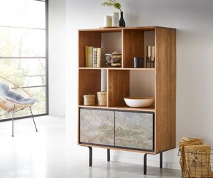 DELIFE Highboard Juwelo 88x135 cm Akazie Natur mit Steinfurnier, Highboards