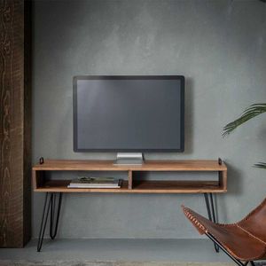 Fernsehtisch aus Akazie Massivholz und Stahl 110 cm breit
